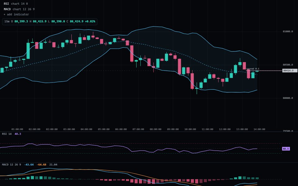 Bitcoin candles with Bollinger Bands, and RSI and MACD in their own panes under the chart in Swiftedge Depth